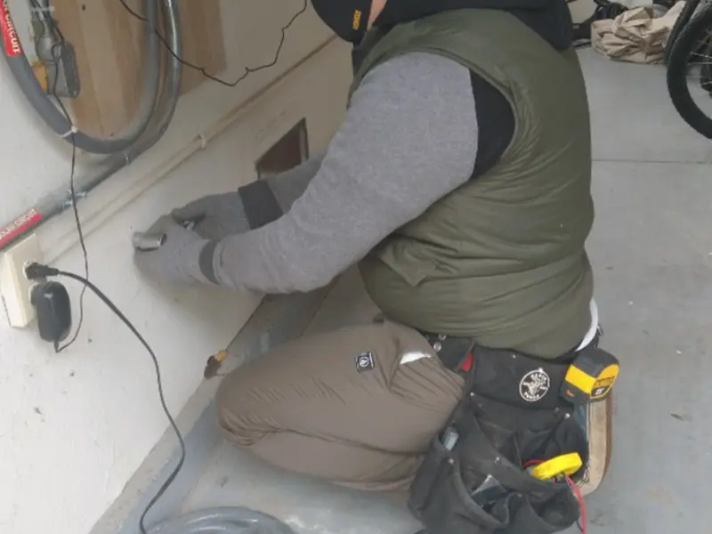 Electrician performing outlet wiring in a Fort Wright garage